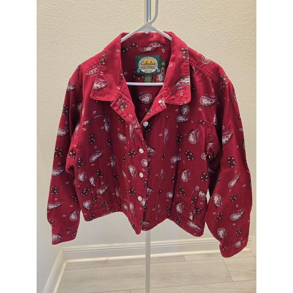 Cabela's Vintage Paisley Denim Jacket Womens XL Red Bandana Western Trucker Coat